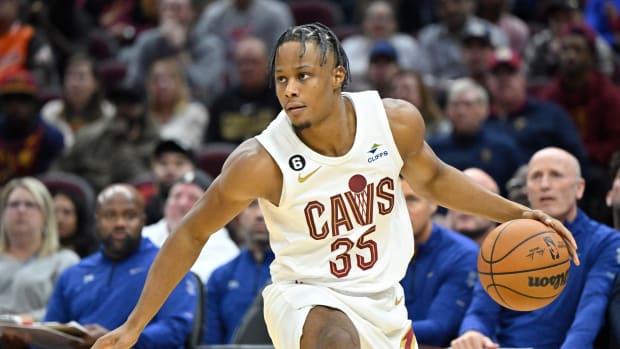 Oct 10, 2022; Cleveland, Ohio, USA; Cleveland Cavaliers forward Isaac Okoro (35) dribbles the ball in the third quarter against the Philadelphia 76ers at Rocket Mortgage FieldHouse. Mandatory Credit: David Richard-USA TODAY Sports